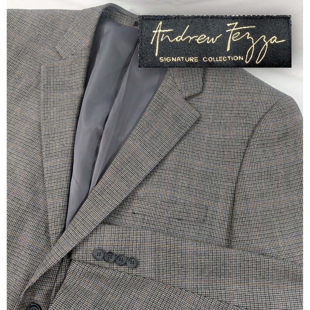 Andrew Fezza Blazer Sport Coat Mens 50R 52" Lambswool Gray Glenn Check Plaid